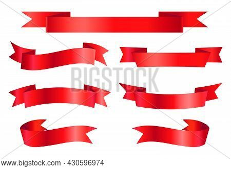Vector Red Ribbons Set. Realistic 3d Banners For Sales And Discounts. Design Elements For Special Of