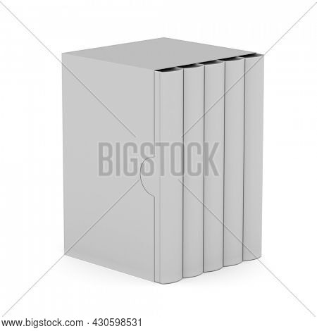 Five books with blank box cover on white background. Isolated 3D illustration