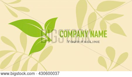 Beige Business Card With Green Leaves For Organic Bio Logo Natural Eco Products Cosmetic Pharmacy