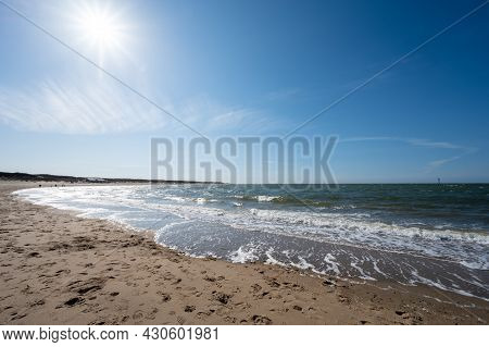 View On Wide White Sandy North Sea Beach In Renesse, Zeeland, Netherlands