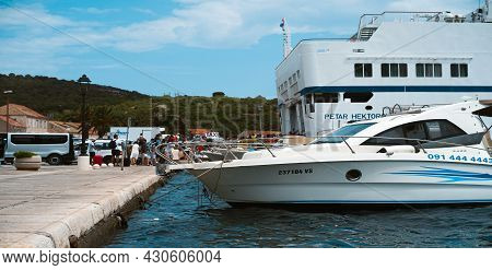 Vis, Croatia July 2021 Harbour On A Tiny Island Of Vis , Croatia. Large Car Ferry Docked And Unloadi