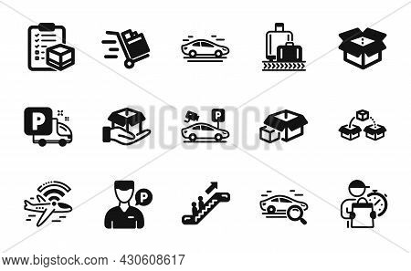 Vector Set Of Parcel Shipping, Parking Security And Packing Boxes Icons Simple Set. Delivery Man, Ai