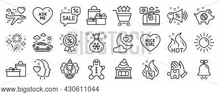 Set Of Holidays Icons, Such As Sun, Puzzle, Car Travel Icons. Fireworks, Clown, Gingerbread Man Sign