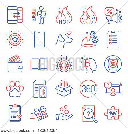 Business Icons Set. Included Icon As Checklist, Gear, Donation Money Signs. 360 Degrees, Present Del