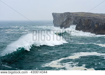 Landscape Of The Karst Limestone Sea Cliffs In Asturias In The Llanes Coast, North Of Spain, With Th