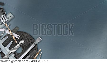 Tool Workbench Background, Locksmith Decorative Corner Composition. Craft Hand Metal Processing Work