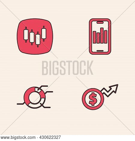 Set Financial Growth Dollar, Browser With Stocks Market, Mobile Graph And Pie Chart Infographic Icon
