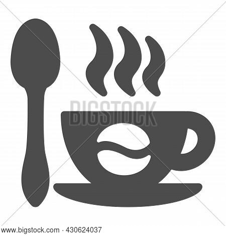 Cup Of Coffee On Sauser, Coffee Bean And Spoon Solid Icon, Beverage Concept, Hot Drink Vector Sign O