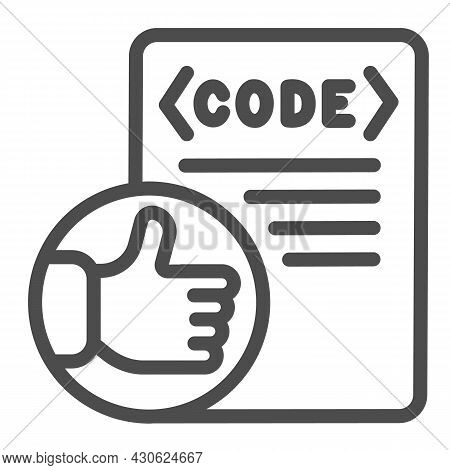 Thumbs Up On Code File, Coding Well Done Line Icon, Programming Concept, Software Vector Sign On Whi