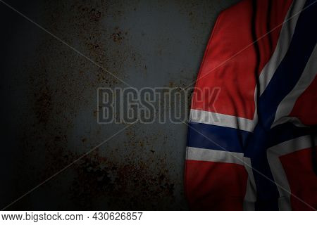 Nice Dark Illustration Of Norway Flag With Big Folds On Rusty Metal With Empty Space For Your Text -