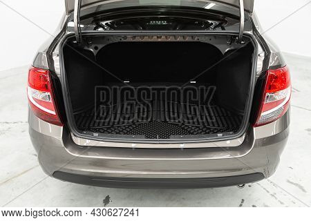 Novosibirsk, Russia - July 21, 2021: Lada Granta, Rear View Of A Car With An Open Trunk. Exterior Of
