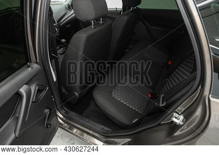 Novosibirsk, Russia - July 21, 2021: Lada Granta, Clean Car Interior: Black Back Seats, Headrests An