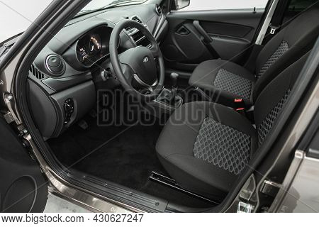 Novosibirsk, Russia - July 21, 2021: Lada Granta, Dashboard, Player, Steering Wheel With Logo And Bu