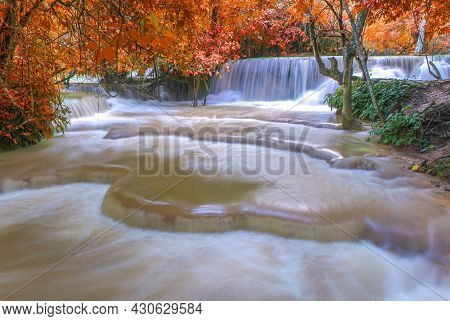 Waterfall In Rain Forest. Tat Kuang Si Waterfalls At Luang Prabang, Laos