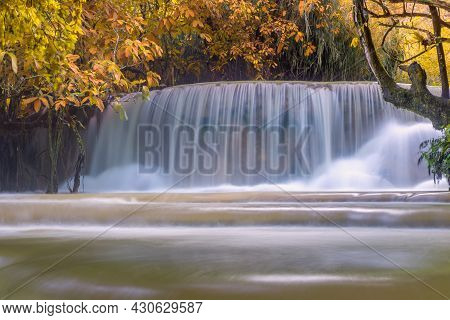 Waterfall In Rain Forest. Tat Kuang Si Waterfalls At Luang Prabang, Laos