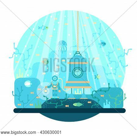 Diving Bell With A Diver At The Bottom Of The Sea - Vector Cartoon Illustration In Flat Cartoon Stil