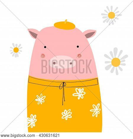 Cute Little Pig Portrait, Vector Clipart, Funny Children's Illustration With Cartoon Character Good 