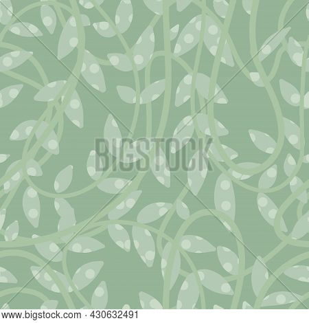 Seafoam Green Seamless Pattern With Hand Drawn Leaves And Liana Branch.