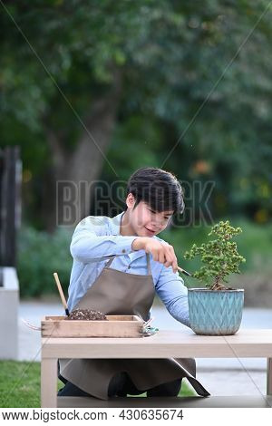Portrait Of A Young Man Planting A Bonsai Tree Into Pot At Home.
