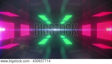 Image of digital interface with stock market and graph over digital tunnel. Global digital network technology concept digitally generated image.