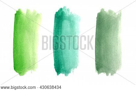 Set Of Green Watercolor Stains. Stripes On A White Background. Gradient. Abstract Spots. Green Herba