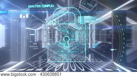 Image of digital interface with padlock and data processing over digital tunnel. Global digital network technology security concept digitally generated image.