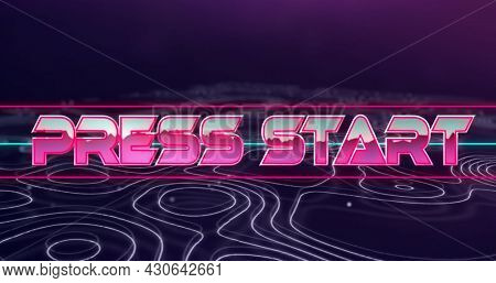 Image of image game screen with Press Start text in pink metallic letters with multiple purple lines moving in seamless loop. Retro image game concept digitally generated image.