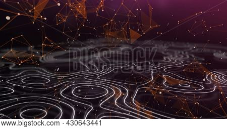Image of multiple networks of connections, white dots moving in hypnotic motion in seamless loop with white lines in the background. Colour light and movement concept digitally generated image.