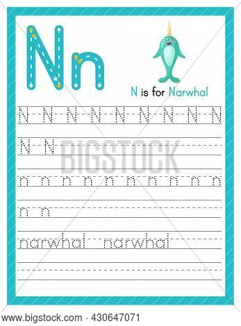 Trace Letter N Uppercase And Lowercase. Alphabet Tracing Practice Preschool Worksheet For Kids Learn