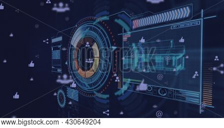 Digital image of Network of connection icons over digital interface with screen of 3D house model against blue background. Digital computer interface concept