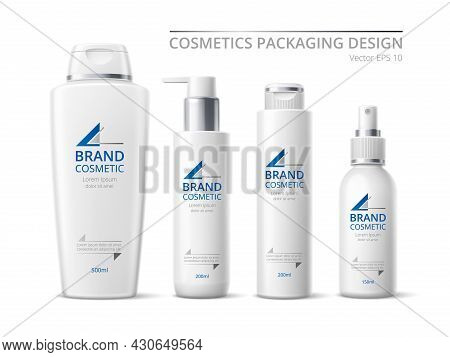 Realistic Brand Cosmetic Bottles. White Design Products Pack, 3d Containers Mockup, Skin Care Means 