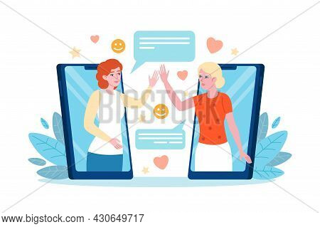 Phone Greeting. Women Remote Greet Each Other Through Mobile Gadgets, Friends Chat Dialogue, People 
