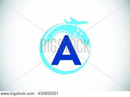 Initial A Monogram Alphabet With An Airplane And Cloud. Artificial Rainmaking. Cloud Seeding Logo. M