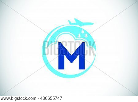 Initial M Monogram Alphabet With An Airplane And Cloud. Artificial Rainmaking. Cloud Seeding Logo. M