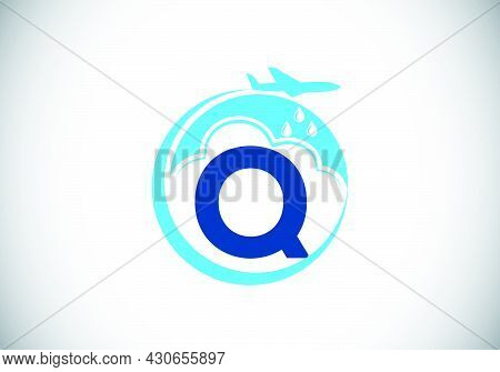 Initial Q Monogram Alphabet With An Airplane And Cloud. Artificial Rainmaking. Cloud Seeding Logo. M