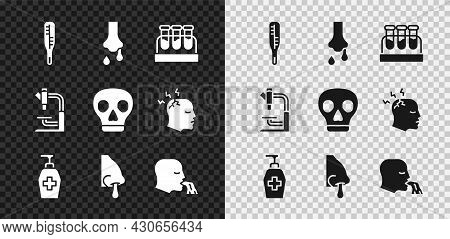 Set Medical Thermometer, Runny Nose, Test Tube With Blood, Liquid Antibacterial Soap, Vomiting Man, 
