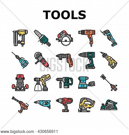 Tools For Building And Repair Icons Set Vector. Heat Gun And Nailer, Soldering Iron For Plastic Pipe
