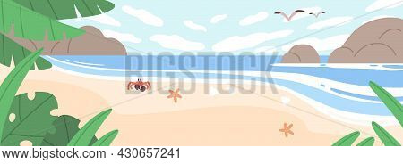 Summer Landscape With Sea Coast, Sand Beach, Sky And Rocks. Horizontal Seascape With Sandy Ocean Sho