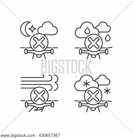 Safe Drone Operation Linear Manual Label Icons Set. Weather Conditions. Customizable Thin Line Conto