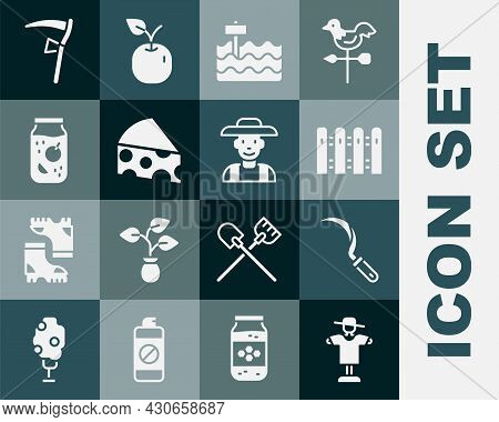 Set Scarecrow, Sickle, Garden Fence Wooden, Bed, Cheese, Jam Jar, Scythe And Farmer In Hat Icon. Vec