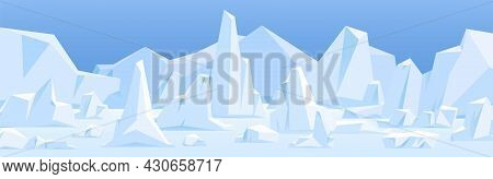 Northern Polar Landscape With Icebergs In Snow. Arctic Ice Bergs, Glaciers At North Pole. Panoramic 