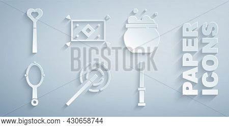 Set Magic Wand, Witch Cauldron, Hand Mirror, Carpet And Icon. Vector