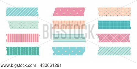 Washi Masking Tape Set. Cute Scotch Paper Sticker For Scrapbook. Tape Set Of Japanese Style With Rib