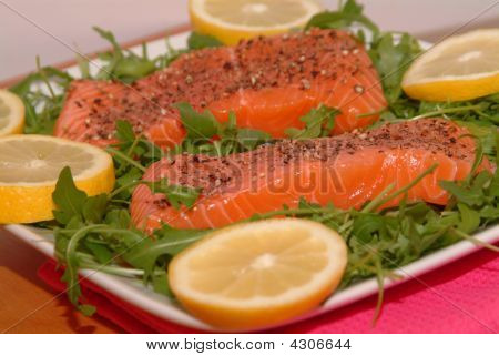 Laks Filet på en plade med nogle grøn Salat