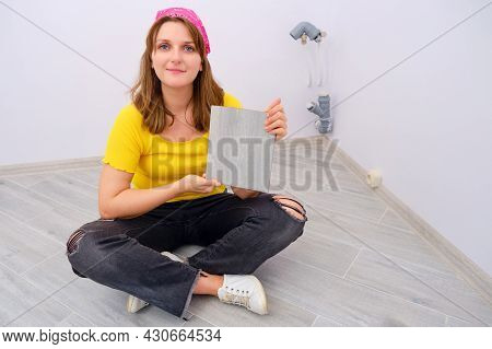 Woman Installs Floor Tiles At Home, Diy Repair Herself