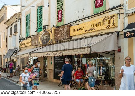 Campos, Spain; August 14 2021: Exterior Facade Of The Famous Pomar Pastry Shop In The Center Of The 