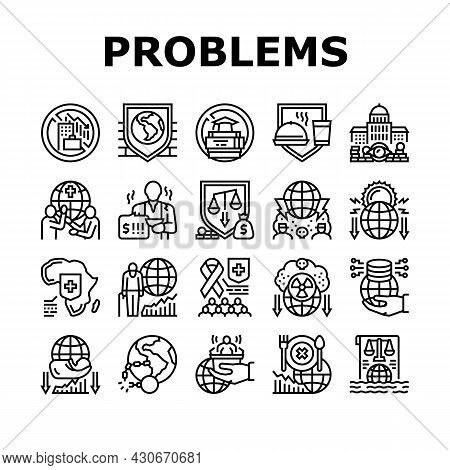 Social Public Problems Worldwide Icons Set Vector. Children And Ageing Human Social Problems, Democr
