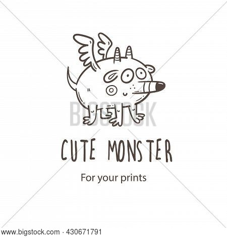 Vector Card With Cute Cartoon Monster. Funny Fictional Animal . Doodle Line Art Creature Print. Chil