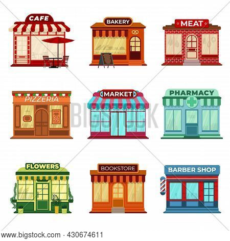 Shop Store Buildings. Market Front Exterior, Isolated Small Business Building Icons. Supermarket, Ba