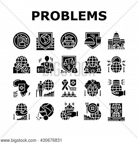 Social Public Problems Worldwide Icons Set Vector. Children And Ageing Human Social Problems, Democr